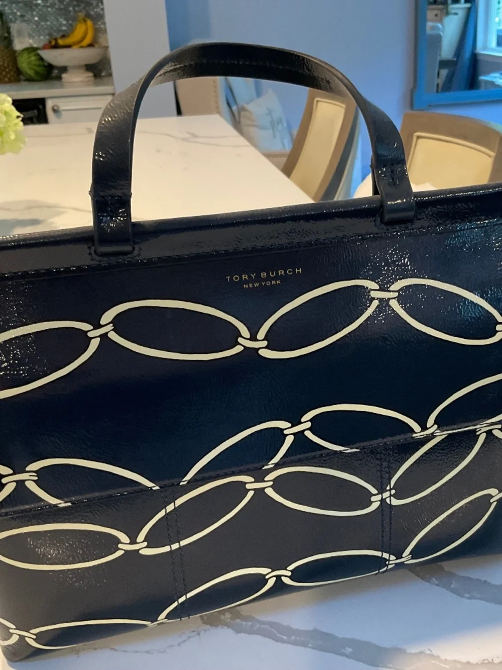 Tory Burch  Block-T Satchel in Navy Blue Patent Elliptical Link